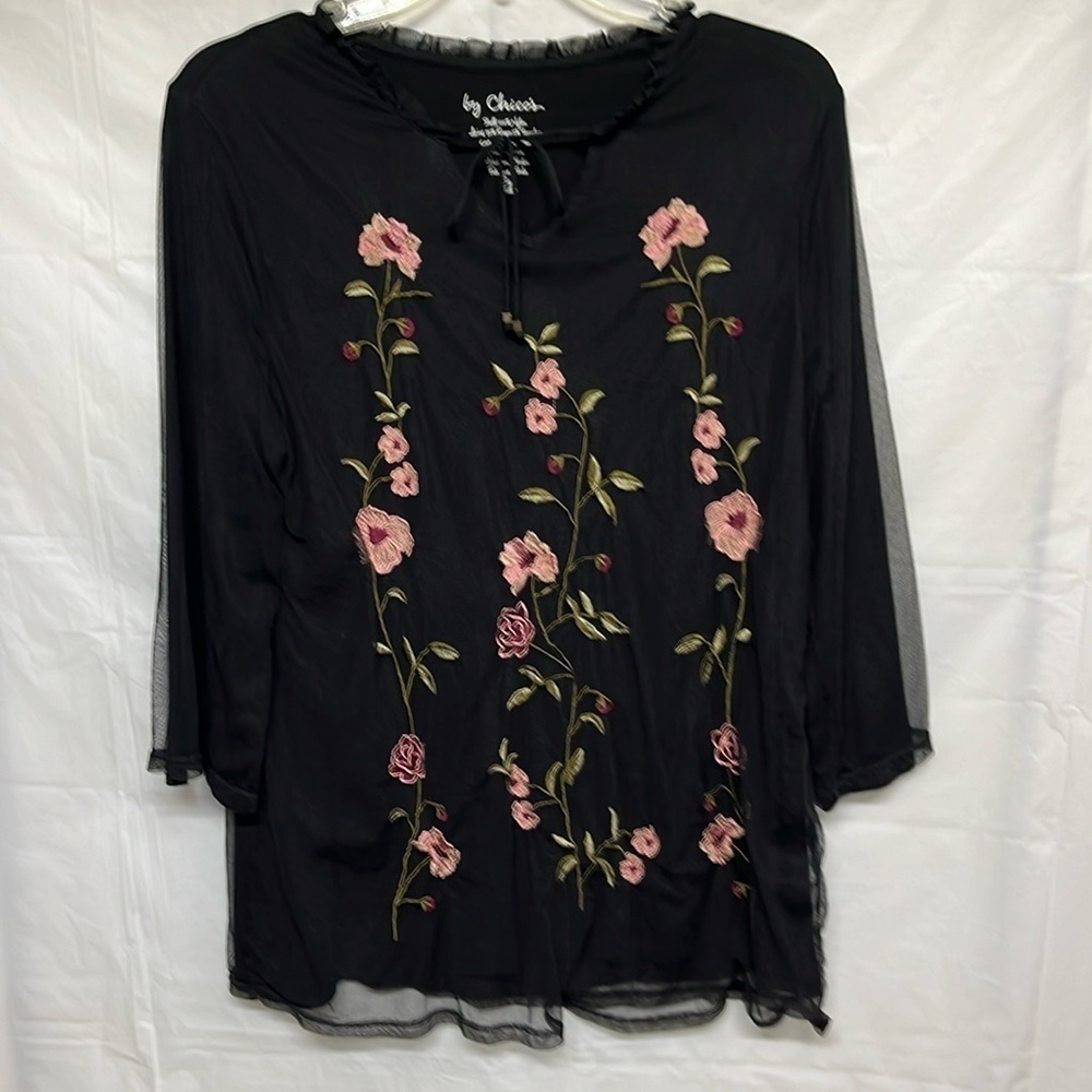 Chico’s Black Floral Embroidered Sheer Sleeve Blouse Size 1